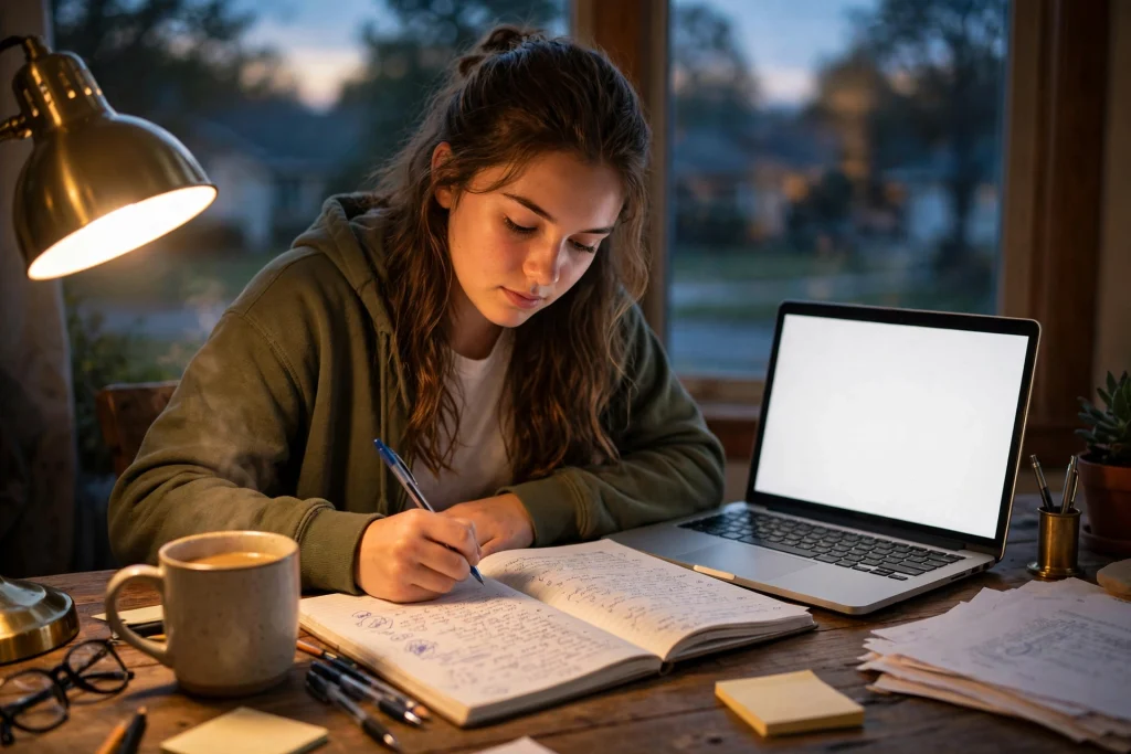 High school student writing a college application essay at a desk at night