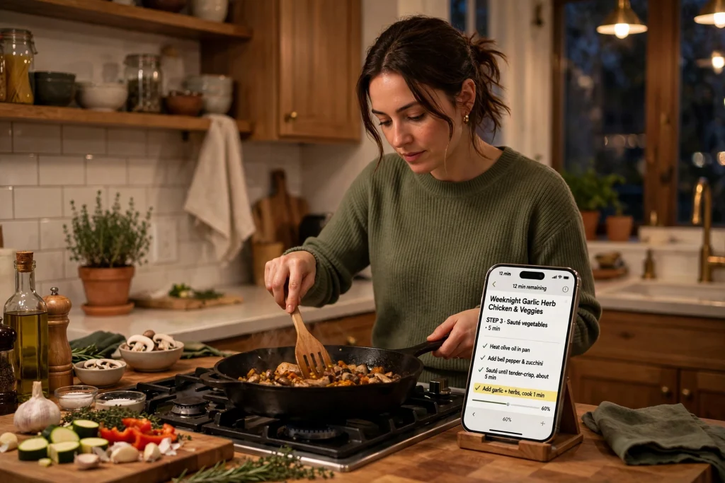 Cooking dinner following phone recipe