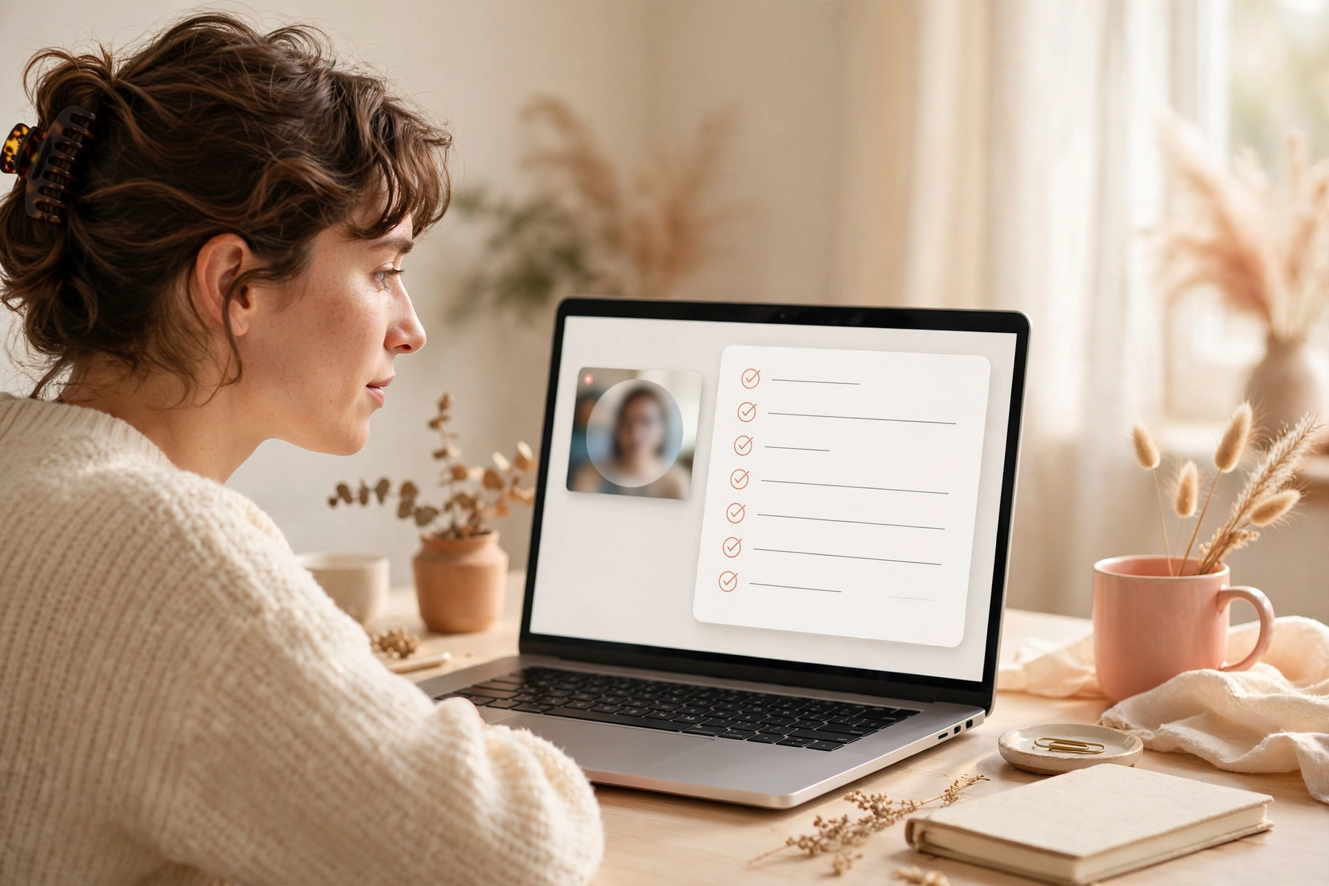 AI-generated meeting recap with action-item checklist beside a video call on a laptop