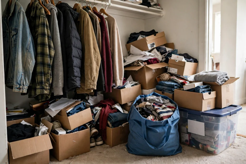 Cluttered closet with clothes and a donation bag ready for sorting