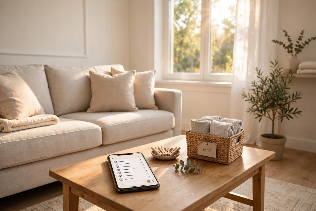 Tidy living room after decluttering with a phone showing a checklist