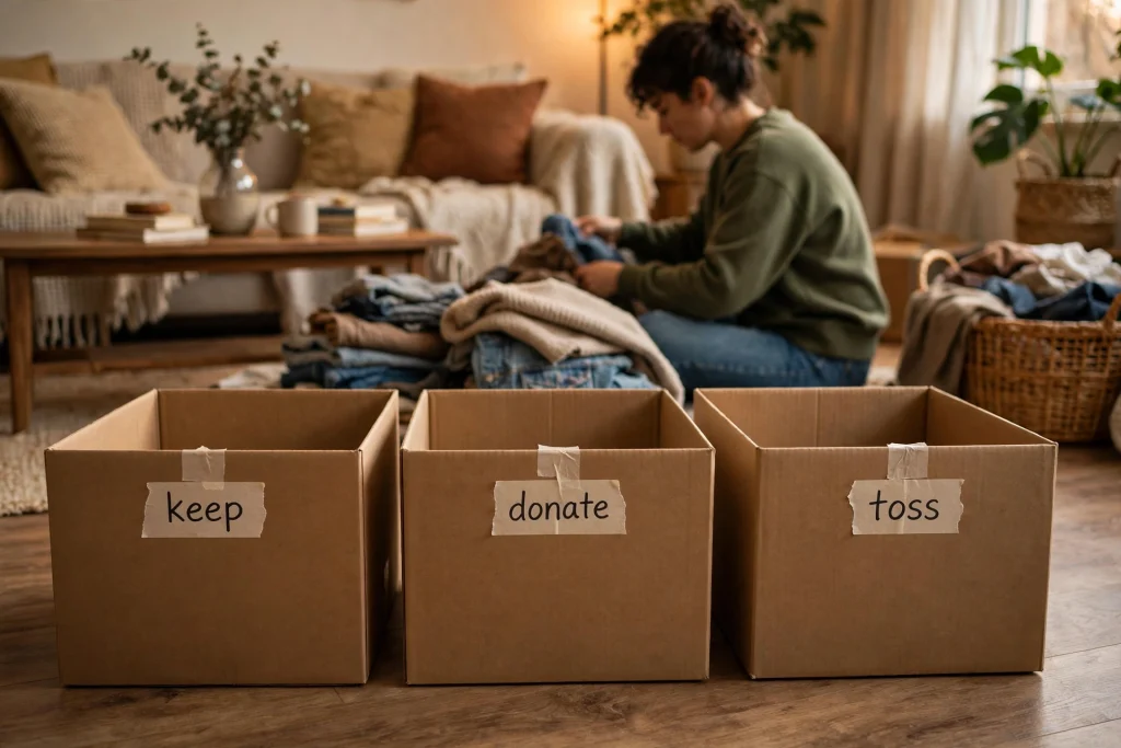 Boxes labeled for sorting household items to keep, donate, or toss