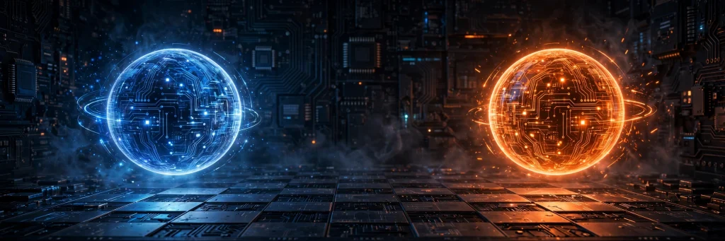 DeepSeek vs ChatGPT comparison banner showing two AI orbs facing off
