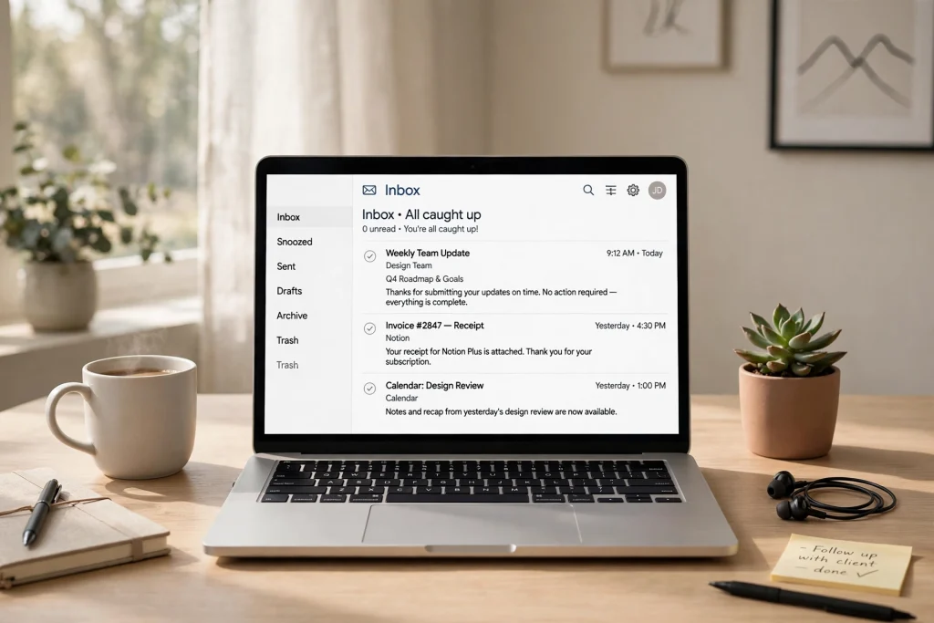 Clean, tidy desk with an organized email inbox