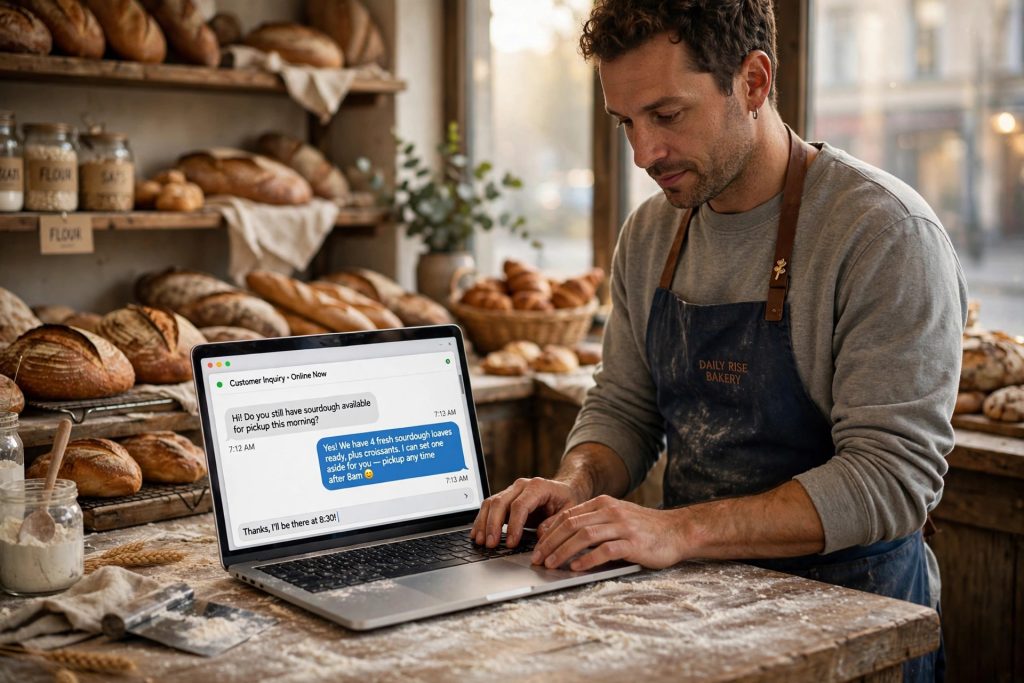Small business owner using ChatGPT on a laptop at a bakery counter