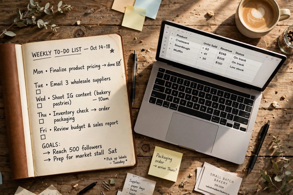Notebook with a weekly to-do list next to a laptop on a wooden desk