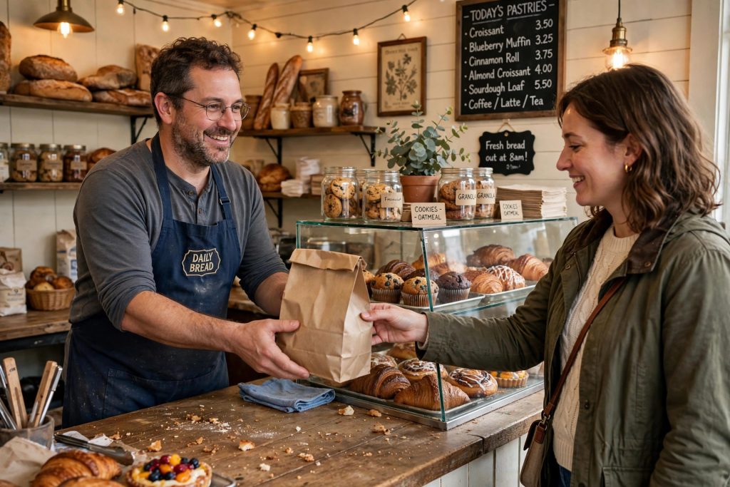 Bakery owner handing a paper bag to a customer at the counter