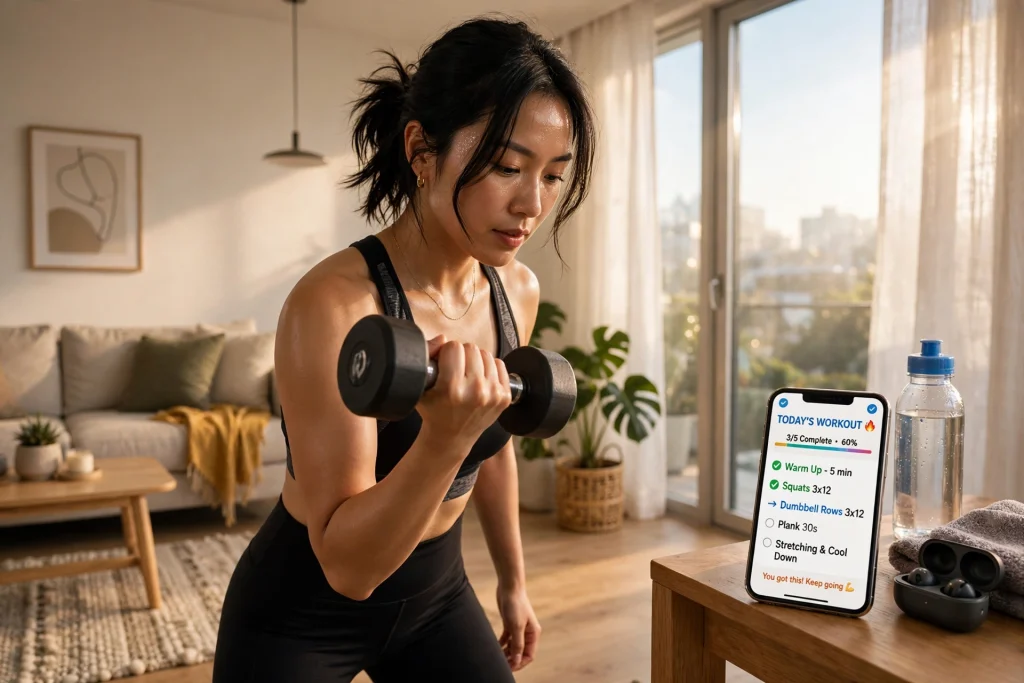 Person following an AI workout plan with dumbbells at home