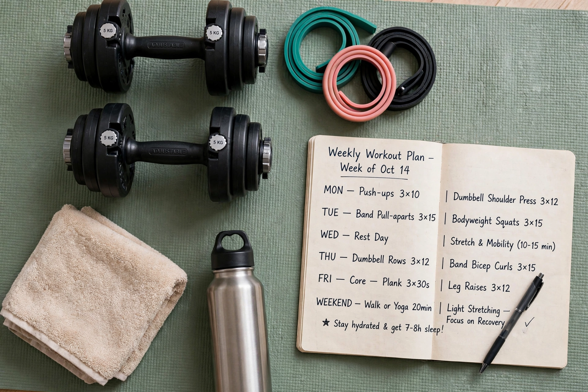 Home workout setup with dumbbells, resistance bands, and a weekly workout schedule notebook