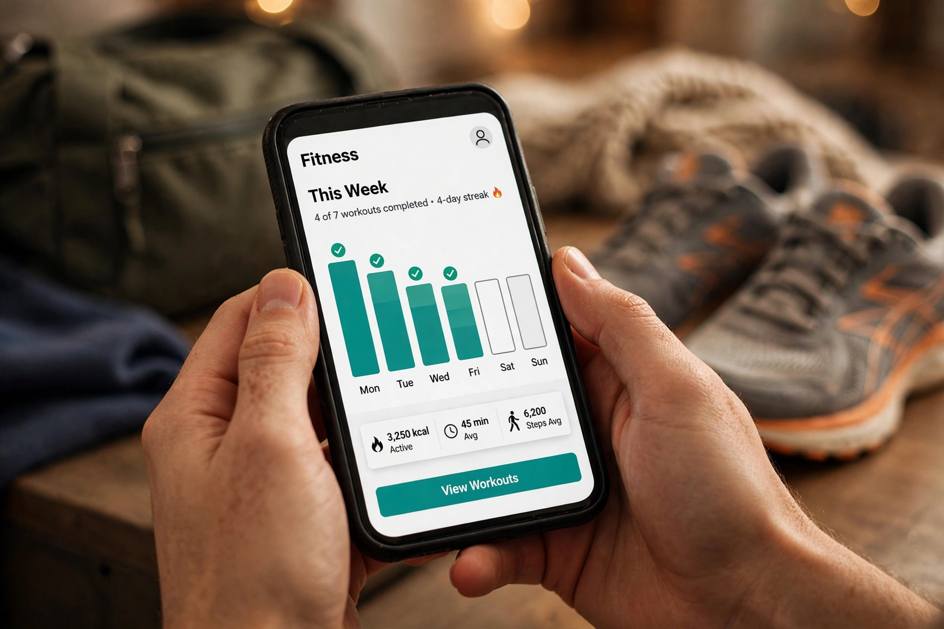 Tracking weekly workout progress in a fitness app on a smartphone