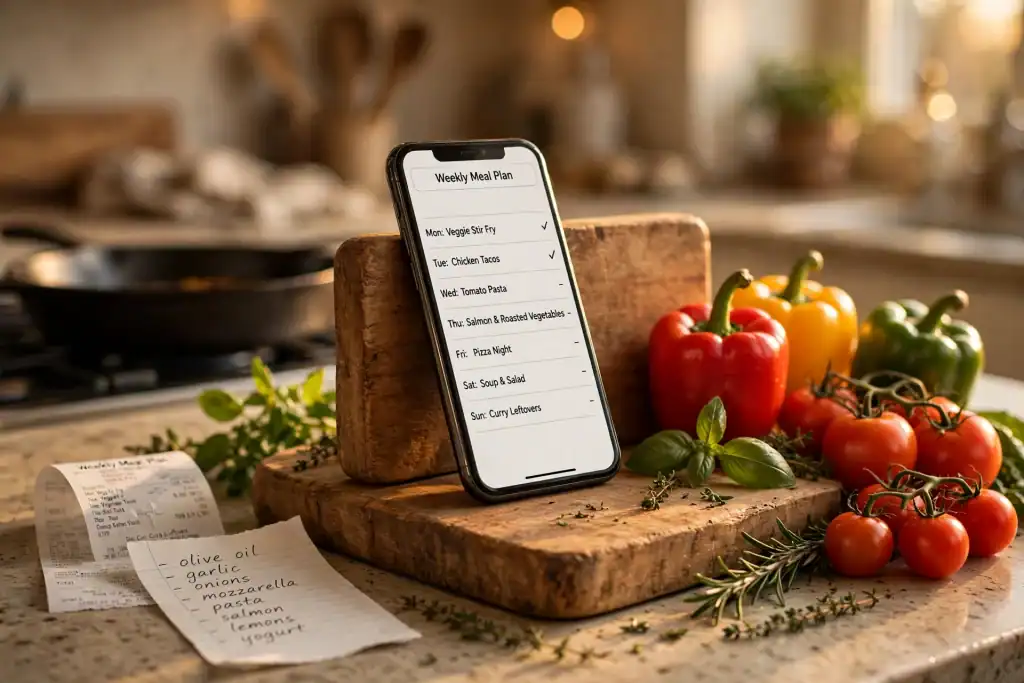 Smartphone showing a weekly AI meal plan on a kitchen counter with fresh vegetables and a grocery list