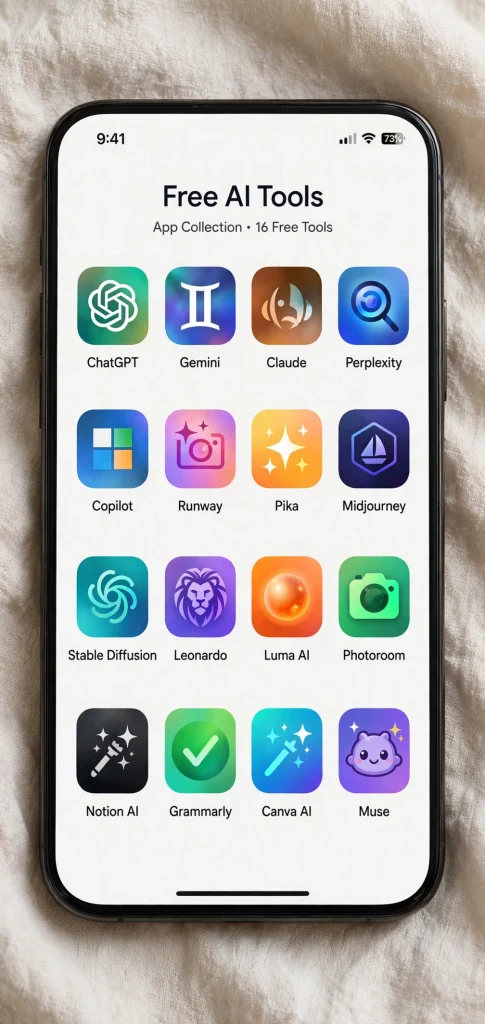 Grid of free AI tool app icons
