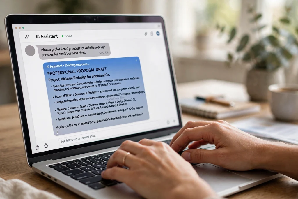 Freelancer typing an AI proposal using prompts