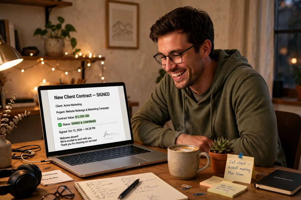 Freelancer celebrating winning a new client contract