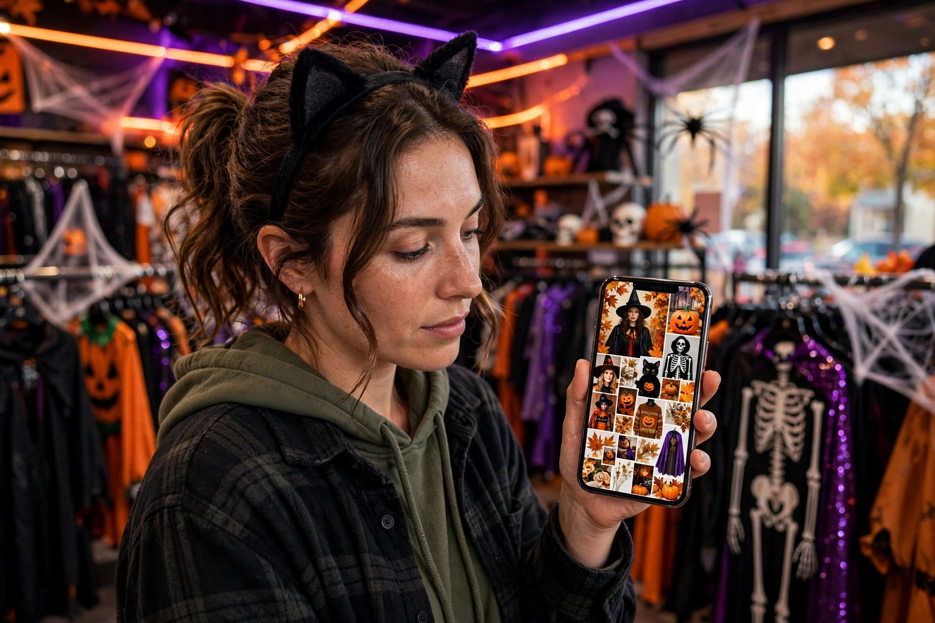 Person checking AI-generated Halloween costume ideas on a phone in a costume store