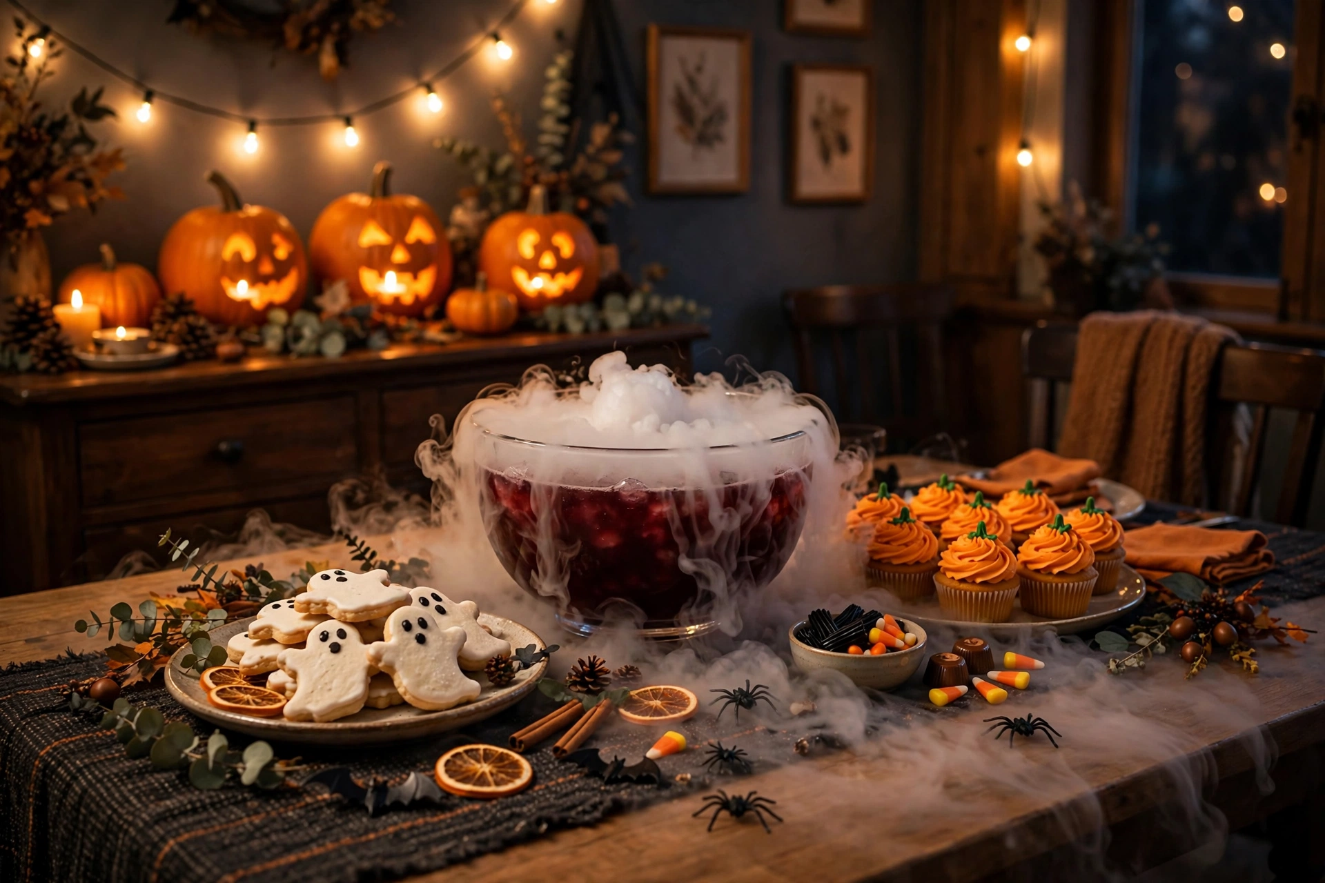 Halloween party snack table with spooky treats, punch bowl, and glowing pumpkins