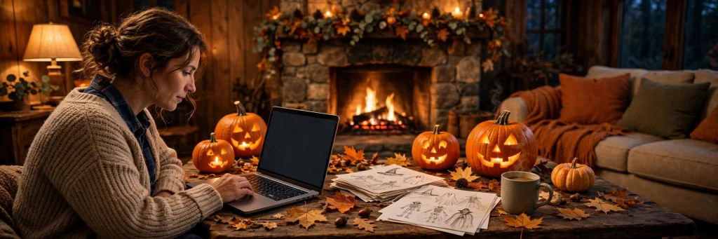 Person planning Halloween with ChatGPT on a laptop surrounded by glowing jack-o'-lanterns