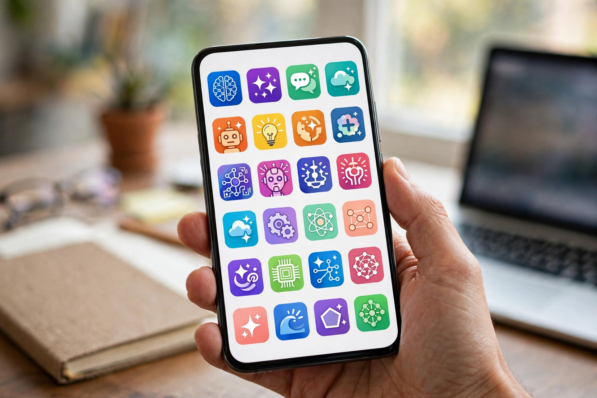 Hand holding a smartphone showing colorful AI app icons on a desk