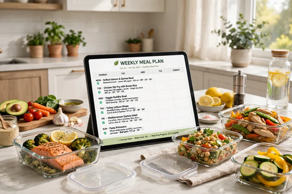 Weekly meal plan in modern kitchen