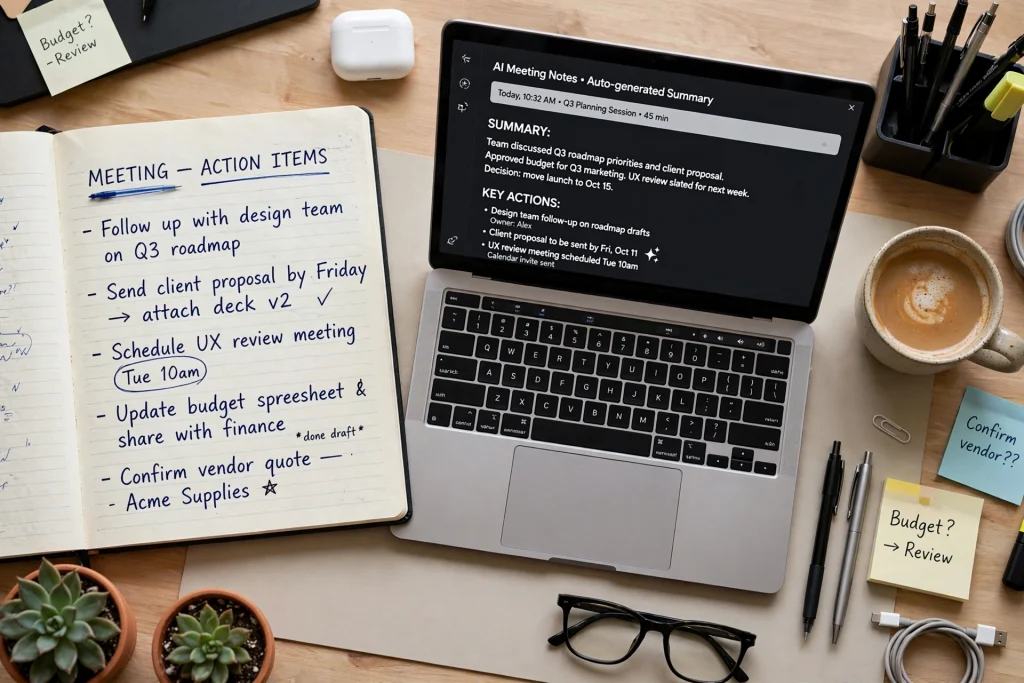 Notebook with meeting transcription notes and action items