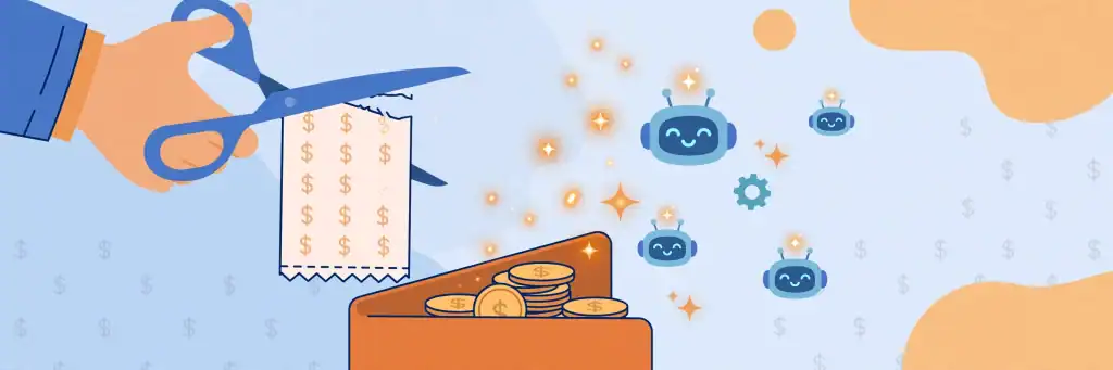 Illustration of cutting an AI subscription receipt with scissors while AI icons float from a wallet of dollar coins