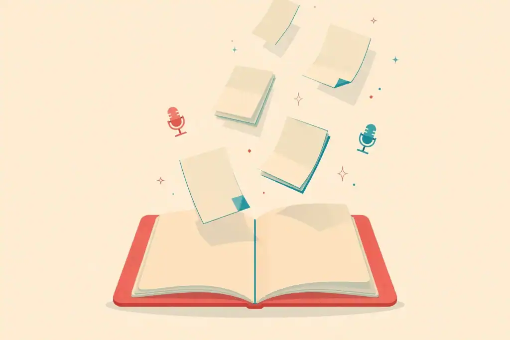 Notebook with floating documents and podcast microphones, NotebookLM illustration