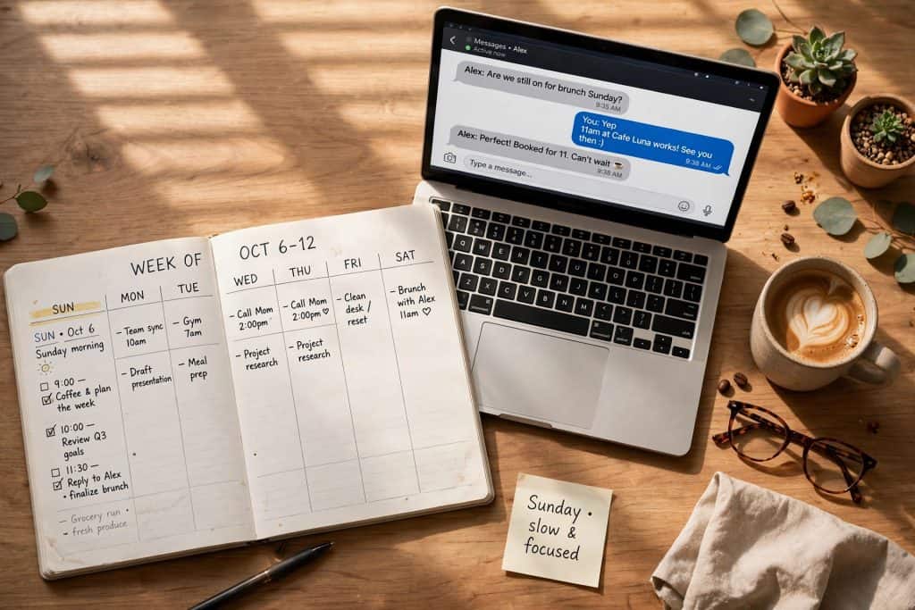 Overhead view of a weekly planner, laptop, and coffee on a desk during a Sunday planning session