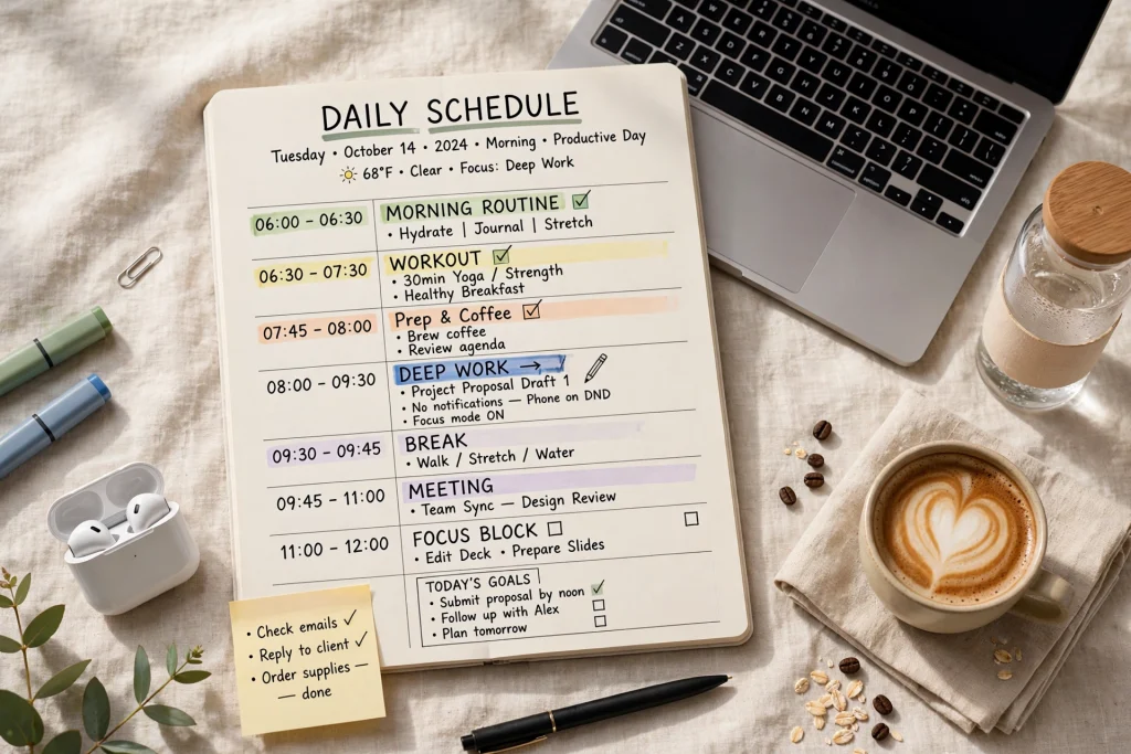 Time-blocked daily schedule