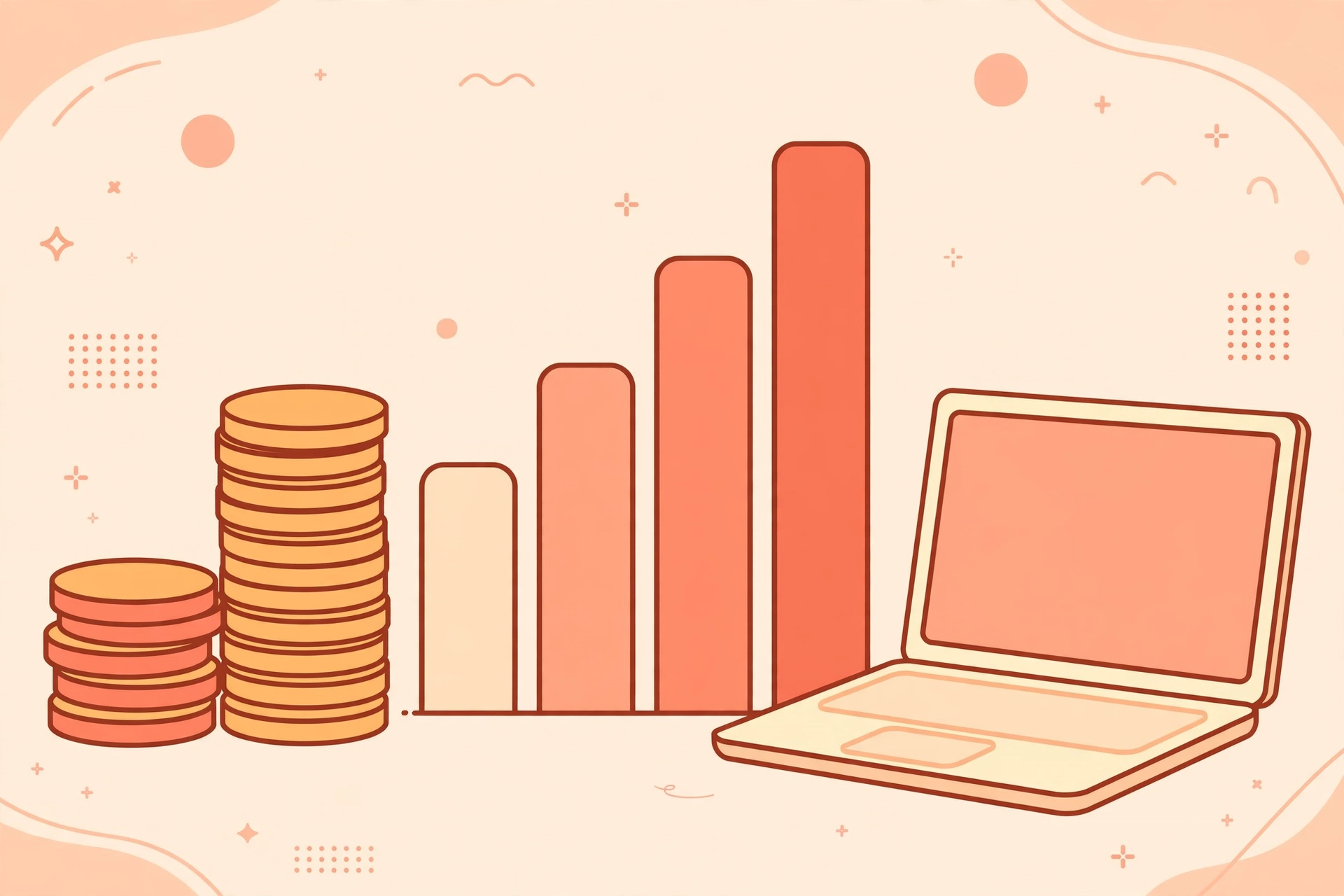 Illustration of salary growth with coins and a rising bar chart beside a laptop
