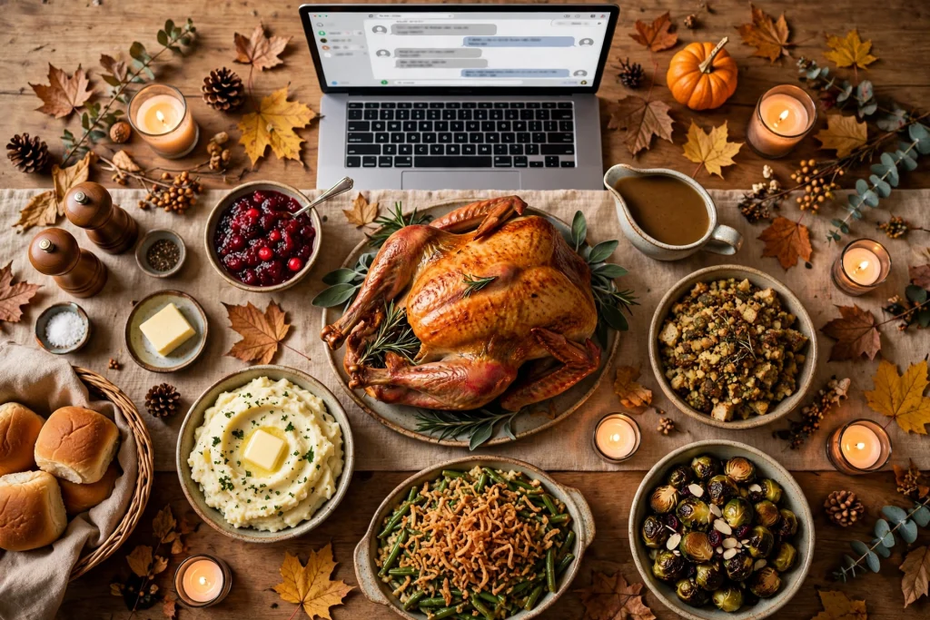 Thanksgiving dinner table with a laptop showing ChatGPT helping plan the holiday