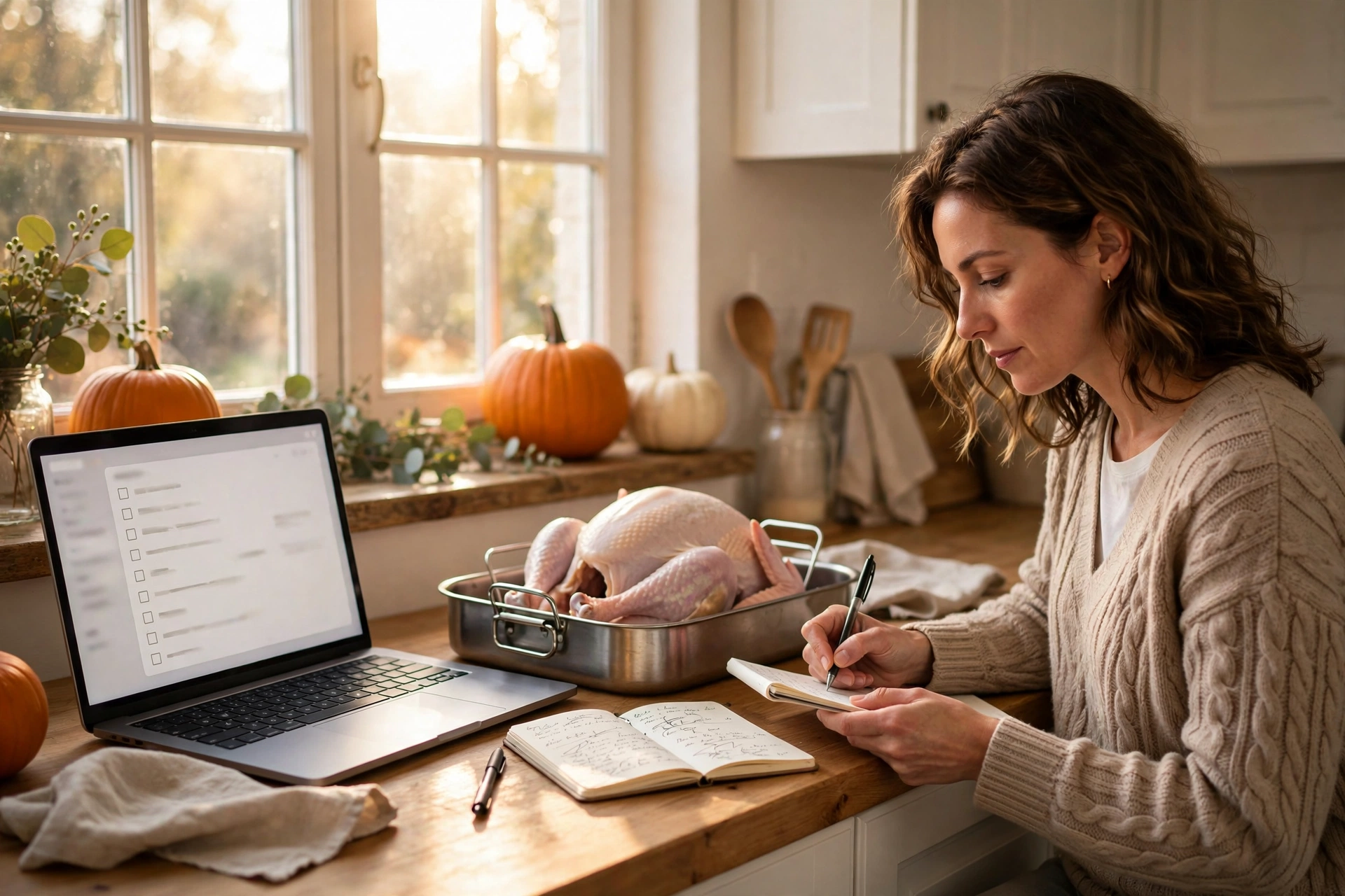 Planning a Thanksgiving dinner with ChatGPT on a laptop in a cozy kitchen