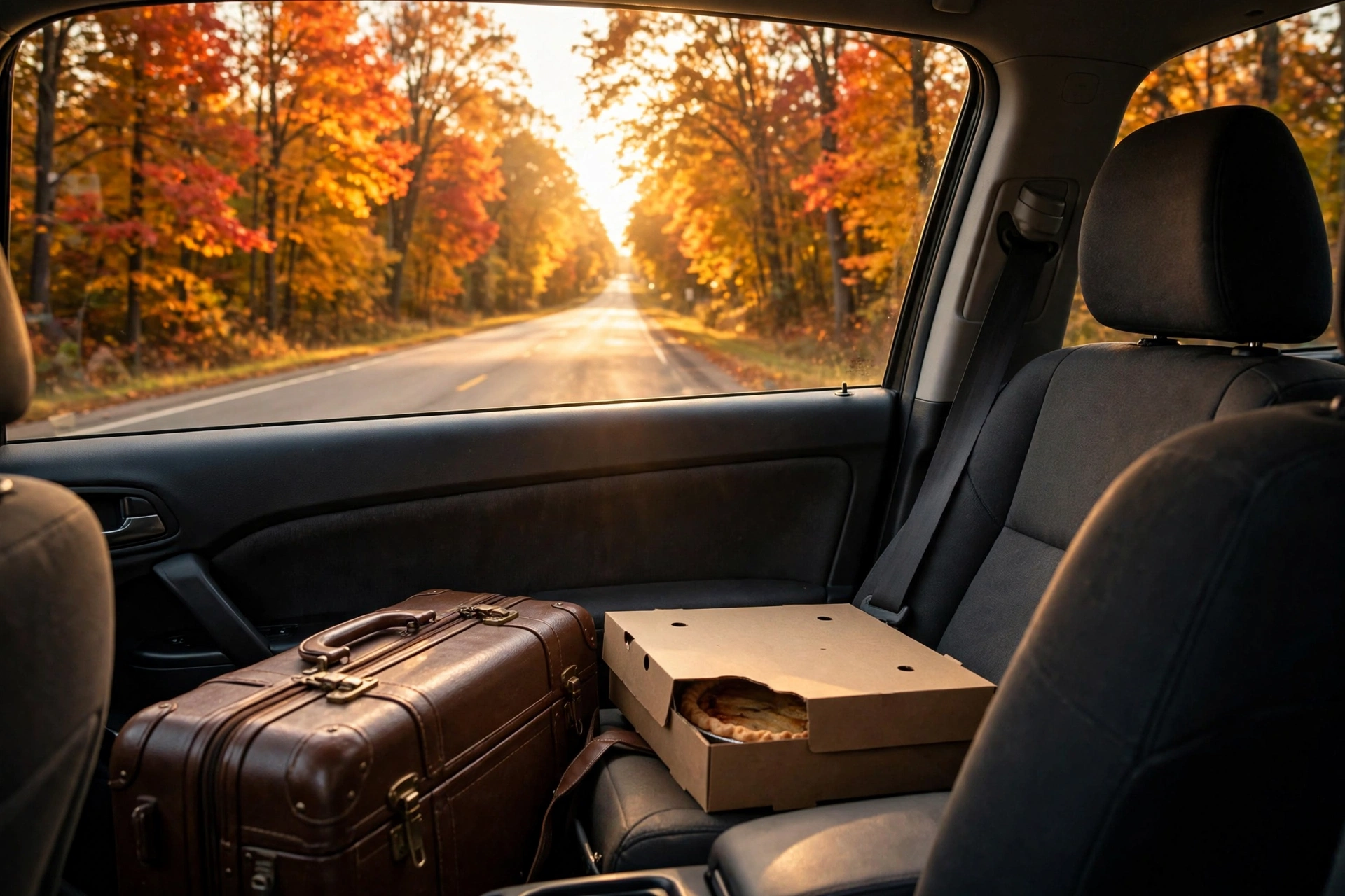 Family packing the car for a Thanksgiving road trip at golden hour