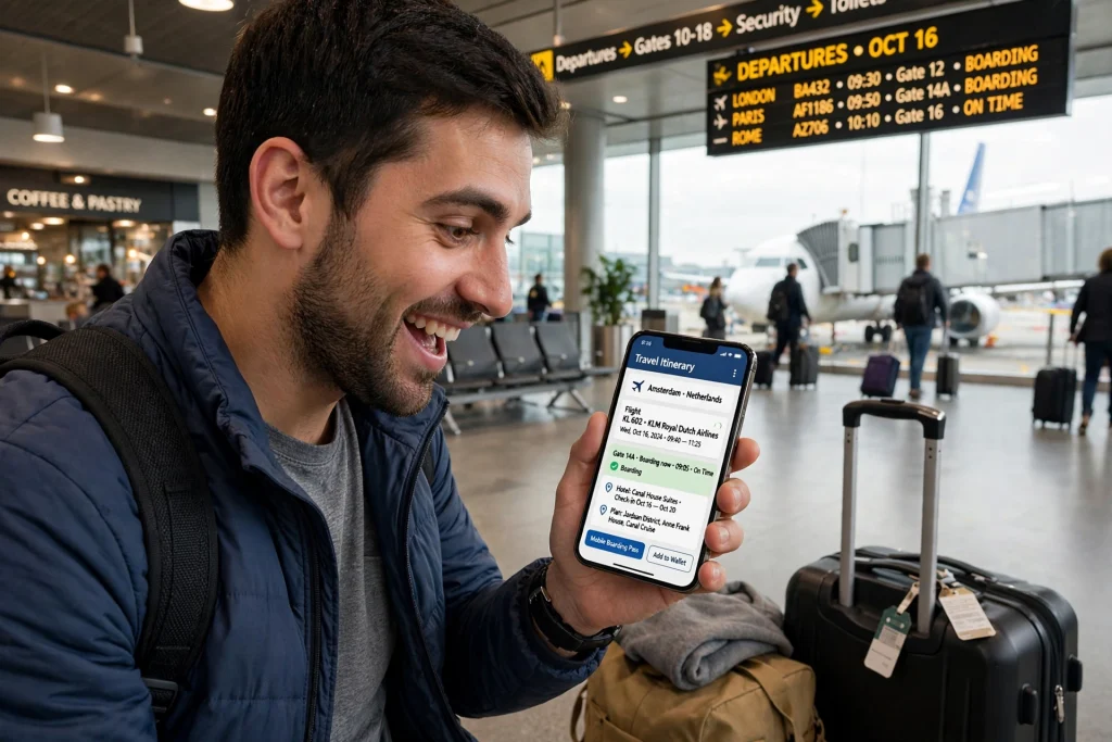 Travel itinerary app on phone at airport