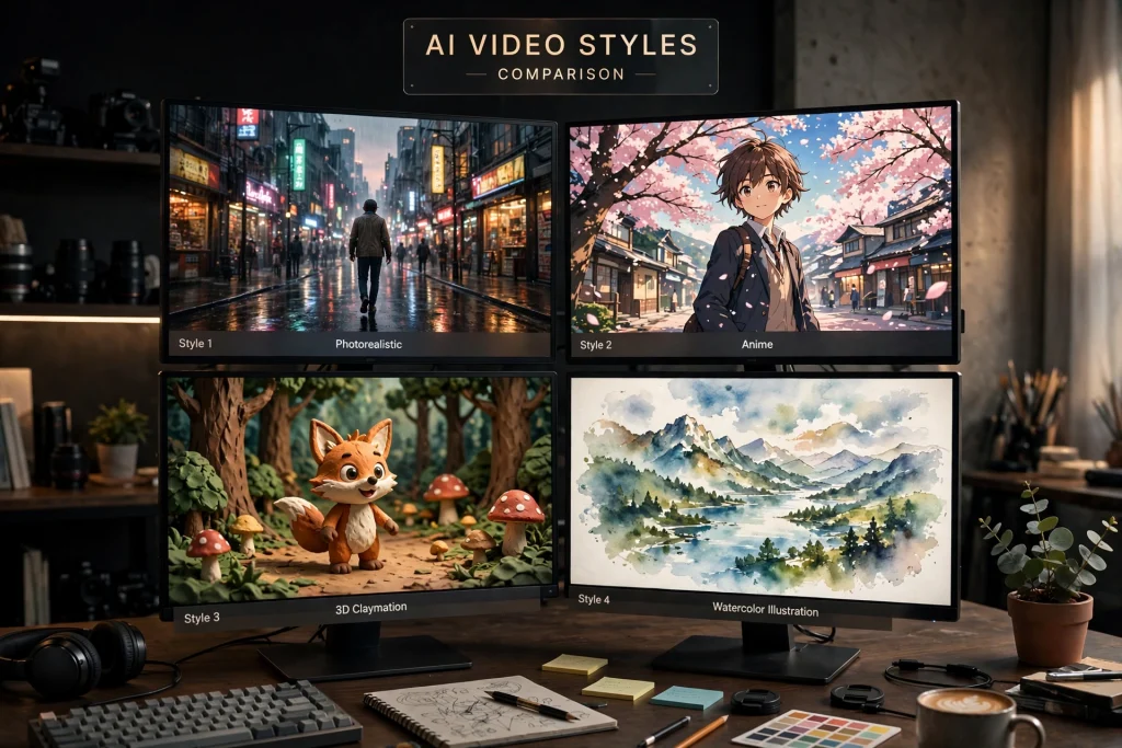 Split-screen comparison of different AI video generator styles and tools